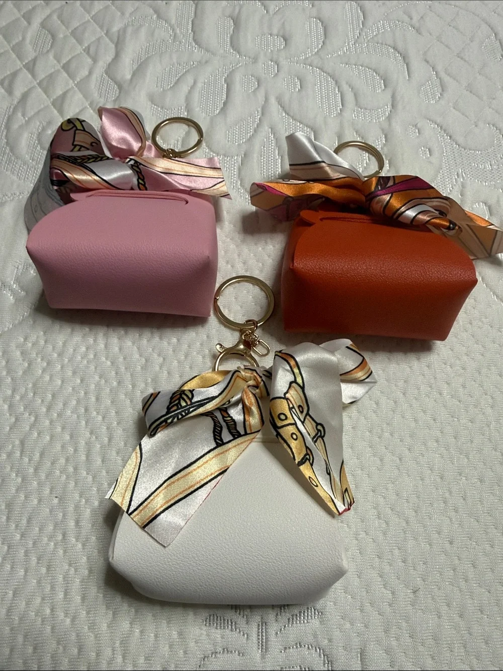 Set of 3 Silky Charm Keychain Coin Pouch - Pink, Orange, White